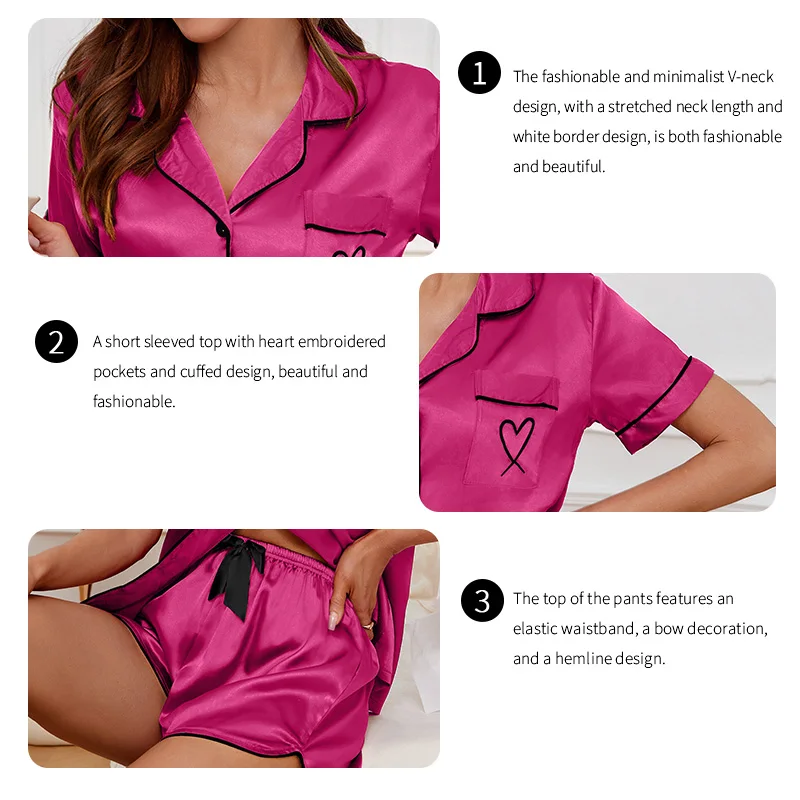 Women's Pajamas Lounge Set Heart Embroidered Pocket Patched Sleepwear Button Down Short Sleeve Top & Shorts Pyjama Home Clothing 5