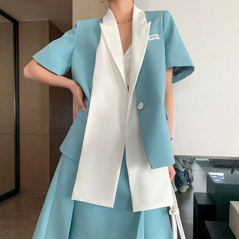 Women Two-Piece Sets Summer Korean New Style Office Ladies Loose Short Sleve Blazer and High Waist Slim Solid Color Skirt Suit