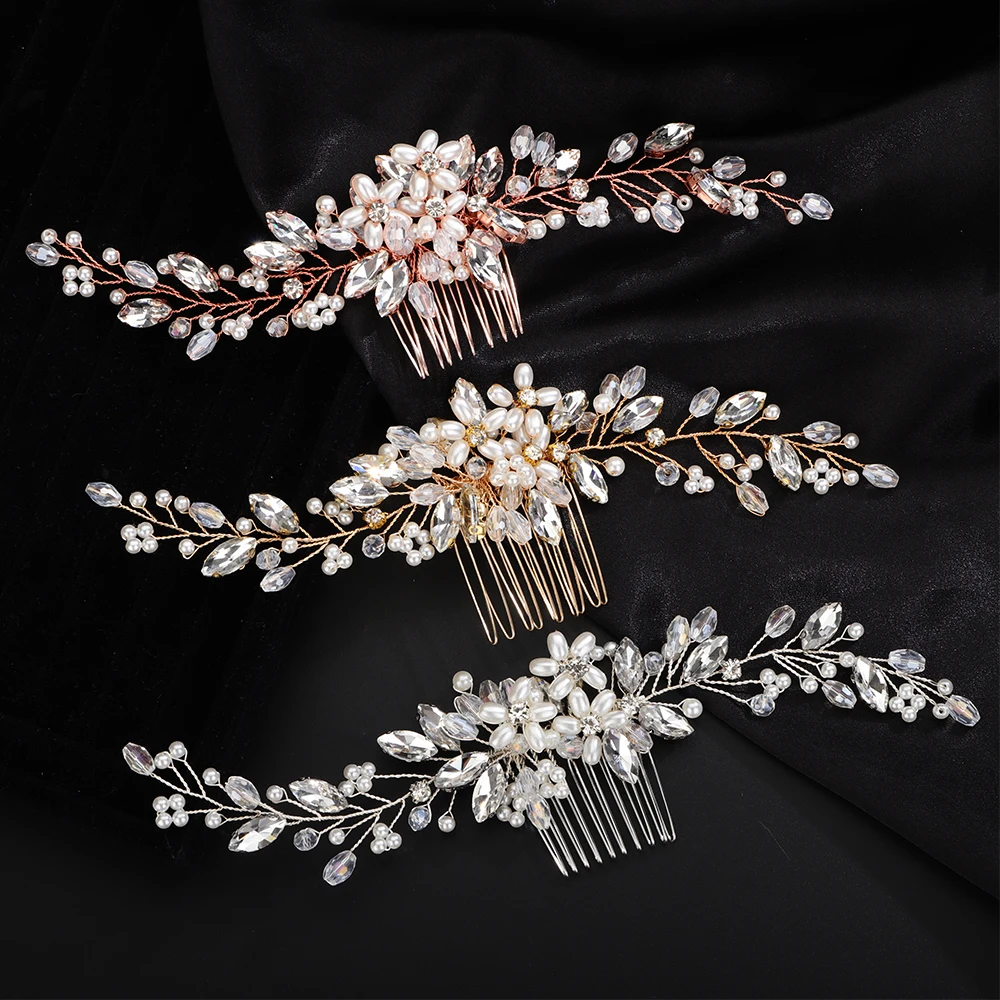 Fashion Silver Gold Rhinestone Pearl Bridal Hair Comb Handmade Crystal Wedding Hair Accessories Headpiece for Women Party Tiaras Hair Accessories Bridal Hair Accessories
