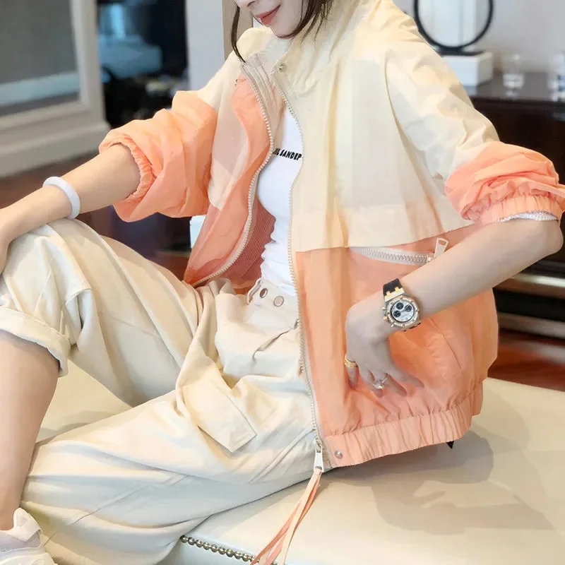 

2023 New Spring And Summer Women Casual Loose Color Matching Baseball Uniform Sunscreen Thin Cardigan Short Coat Printing Female
