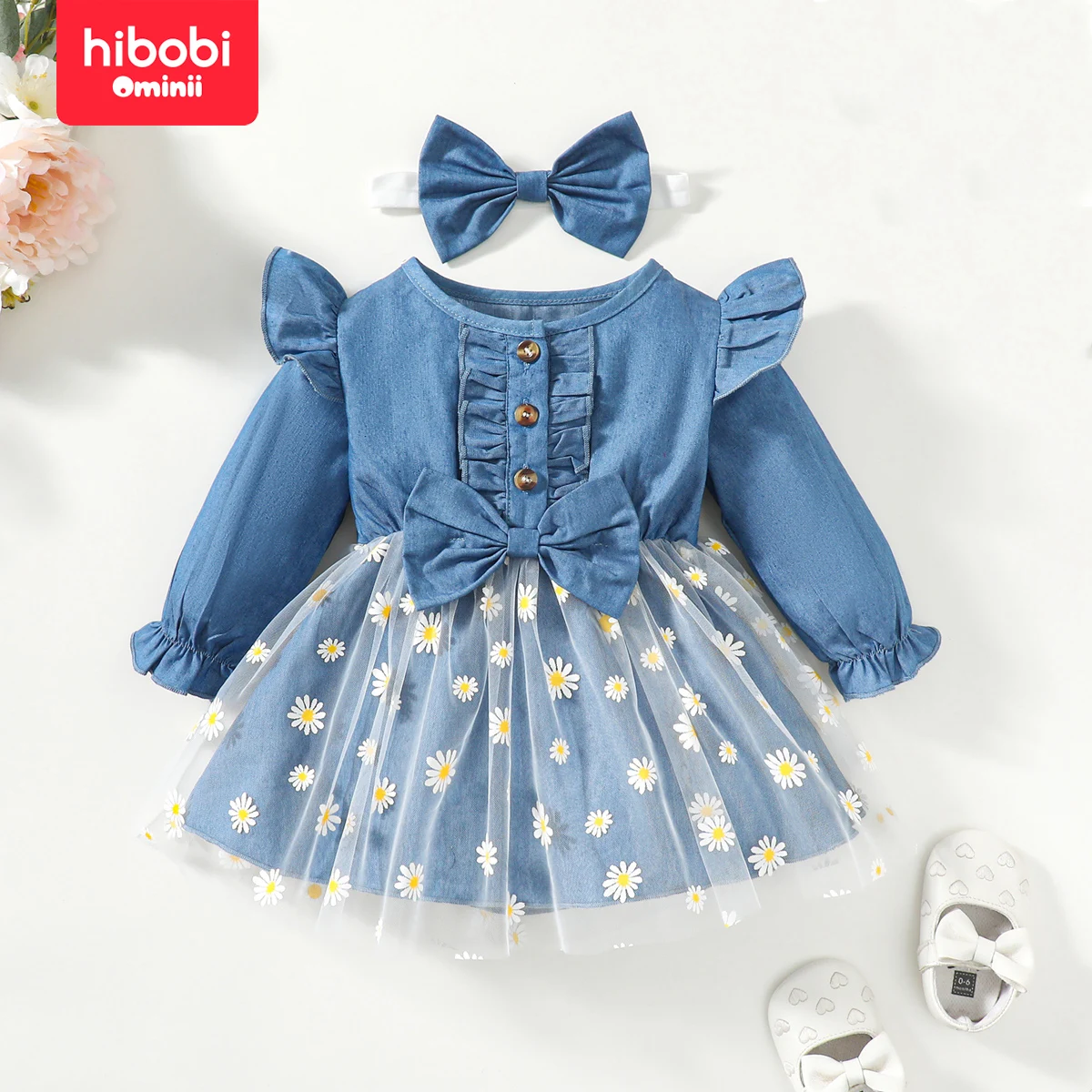hibobi Baby Girl Round Neck Fashionable Elegant Leisure Bow-Knot Ruffle Decor Long Sleeve Floral Mesh Splicing Dress & Headband