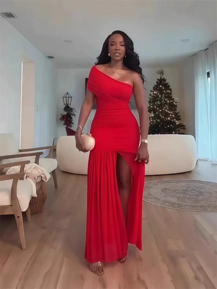 Wmstar Long Dresses for Women 2025 New Solid Color Sleeveless Skew Neck Pleated Slim Slit Maxi Dress Wholesale Dropshipping