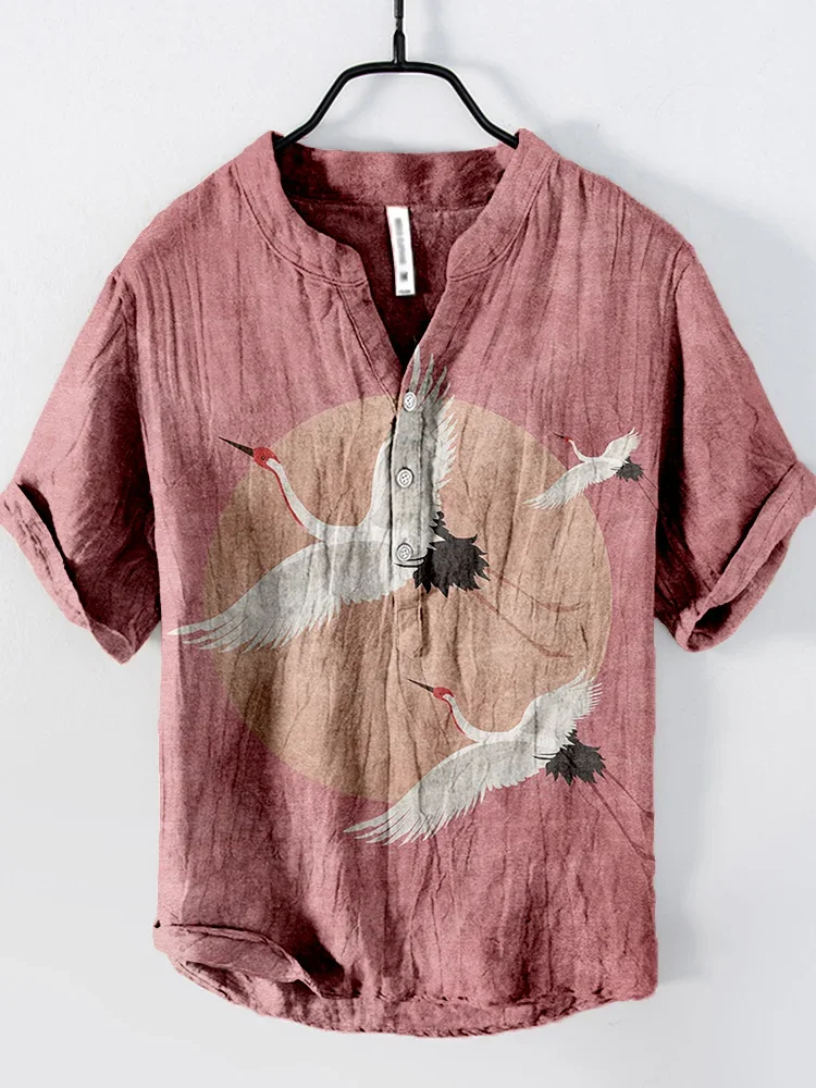 Vintage Clothes Cardigan Men Clothes Offer Casul Shirts Print Short Sleeve Henry Shirt Mens Clothing Summer Men's Tops