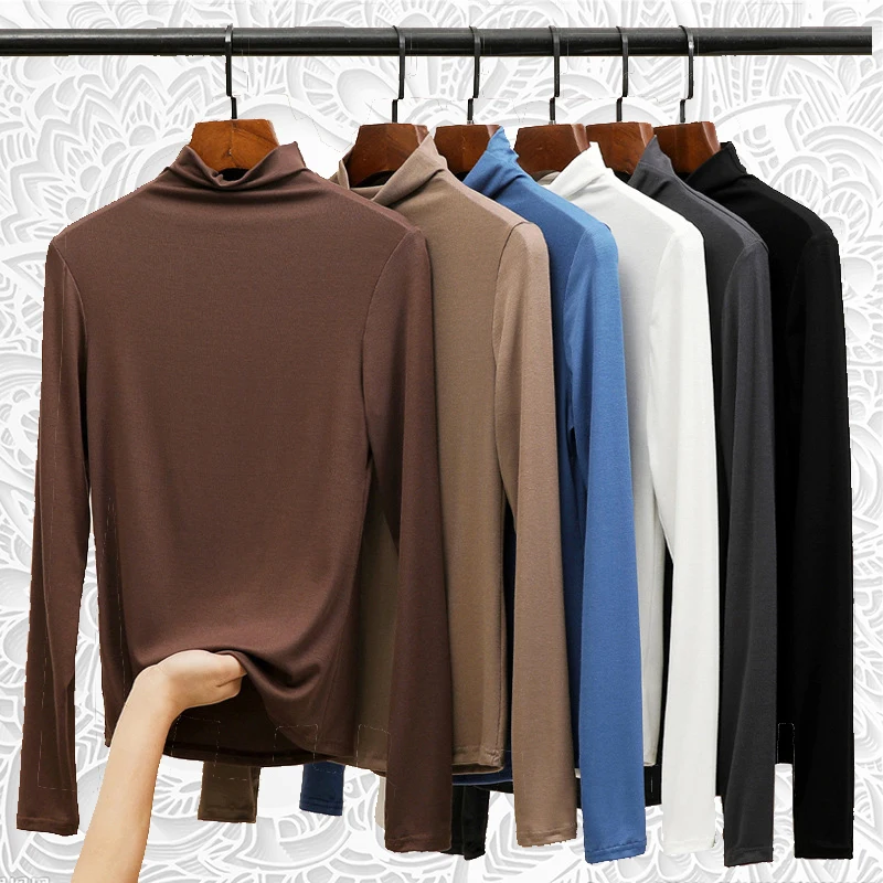 

Korean Fashion Women Long Sleeve Female Solid Color Soft Elastic Casual Tops Turtleneck Slim T-Shirts