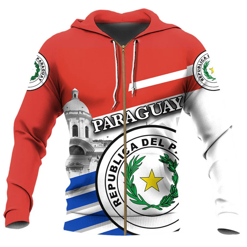 thumbnail image 1 of Sudadera con capucha y cremallera con estampado de bandera de Paraguay para hombre, sudaderas retro con estampado 3D, moda informal, jersey de gran tamaño con cremallera, camisetas de manga larga, 1 of 4
