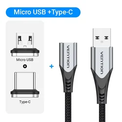 Vention Magnetic Fast Charging Cable - 3A Micro USB & Type C Charger - 0.5m (Plug with Cable)