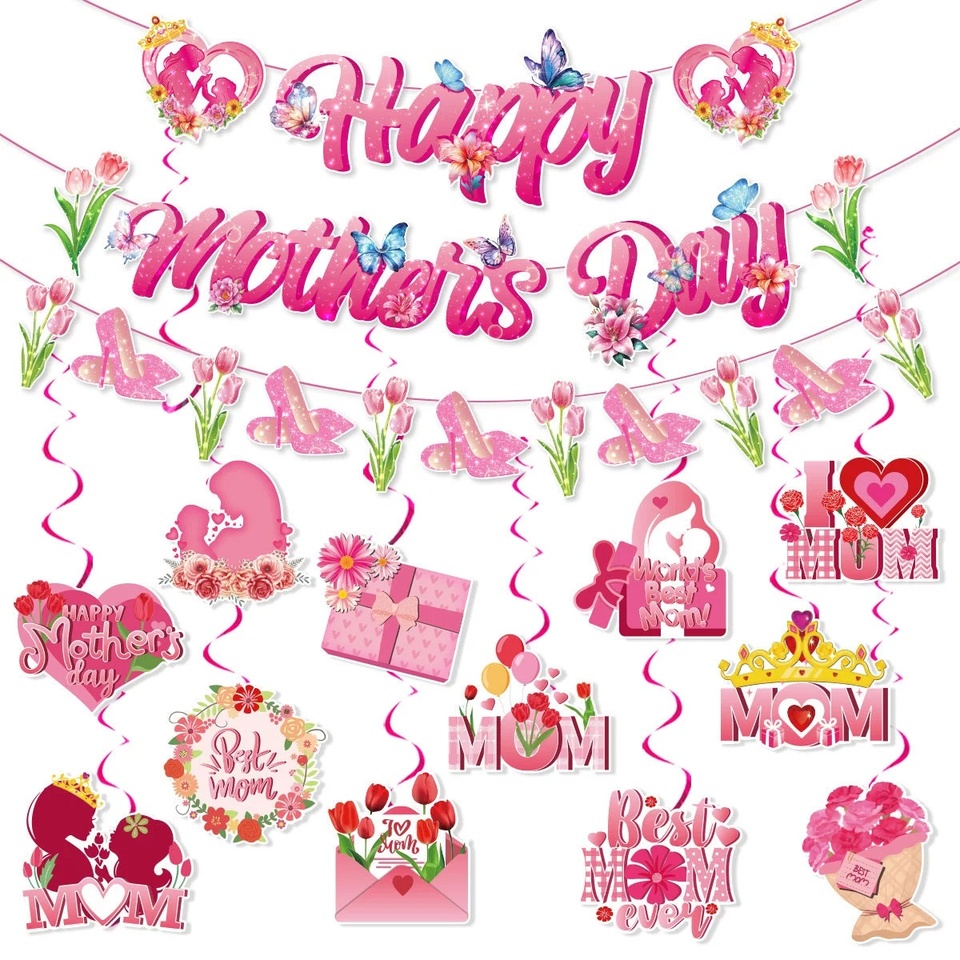 Happy Mother’s Day Paper Spiral Pendant Banner Mother’s Day Party Decorations Pink Heart Flower Mom Day Paper Garlands Backdrops