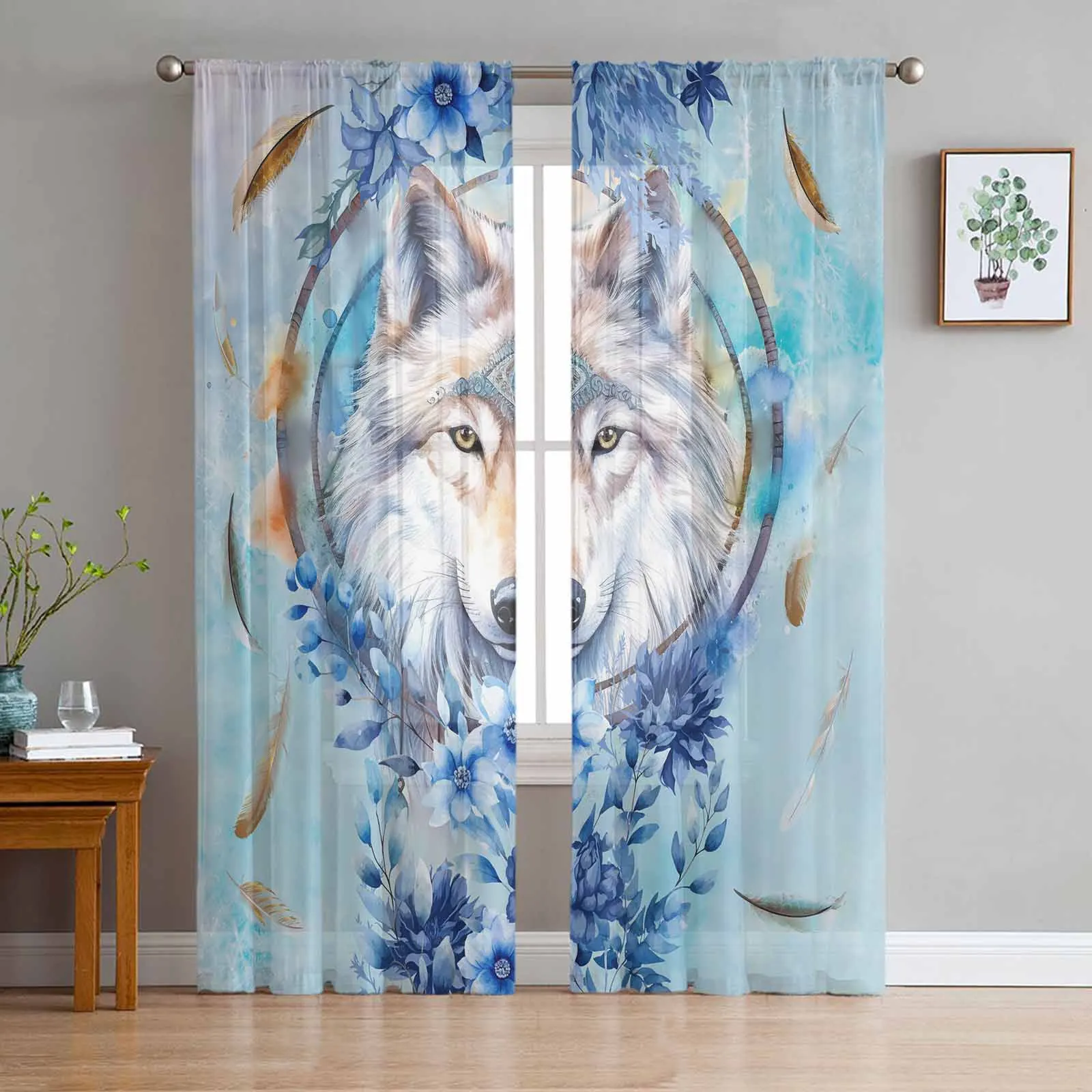 

Watercolor Wolf Flower Feather Tulle Curtains for Living Room Sheer Curtain for Bedroom Kitchen Blinds Voile Curtains