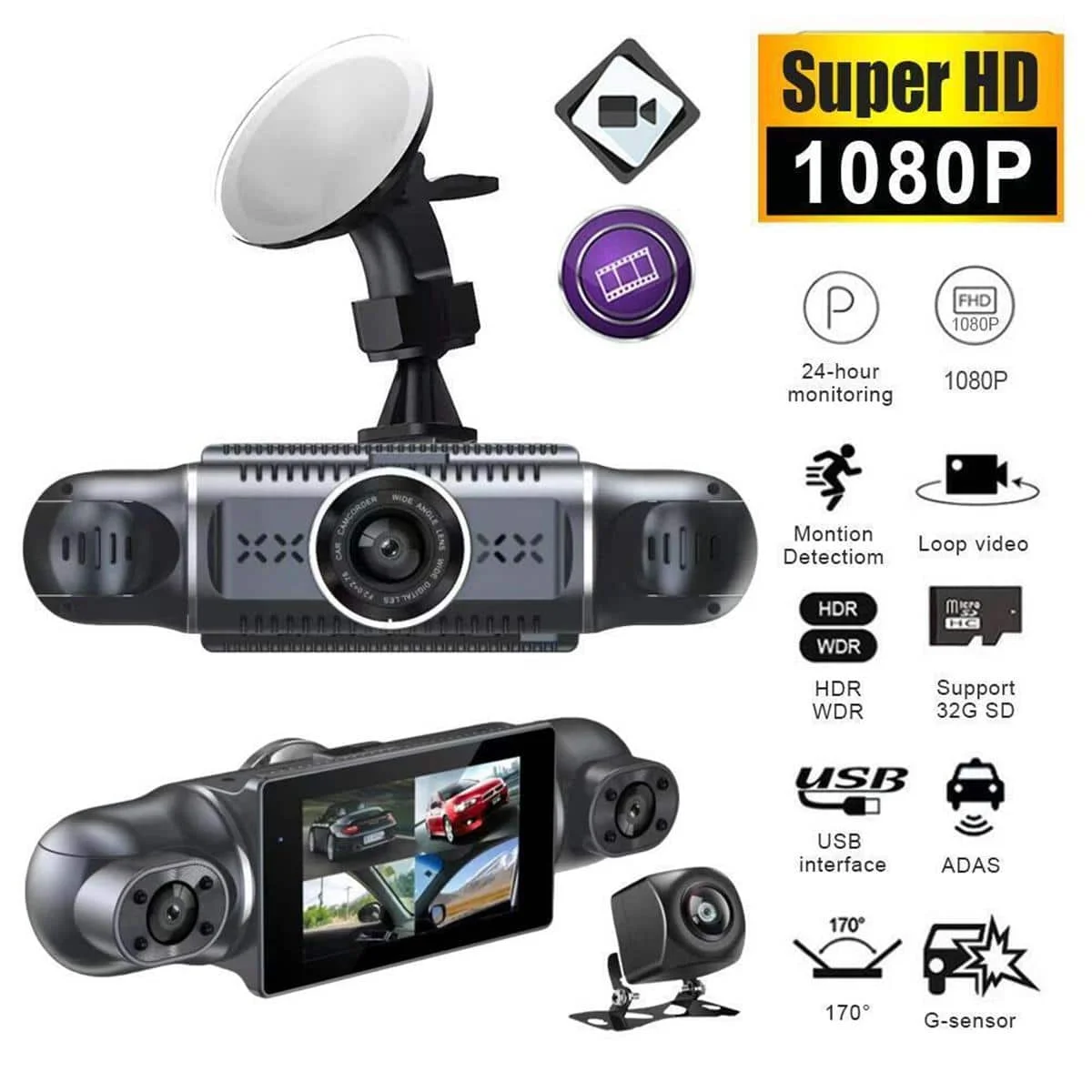360 도 파노라마 4 렌즈 대시 캠, 3 인치 FHD 1080P IPS 스크린, 4 채..