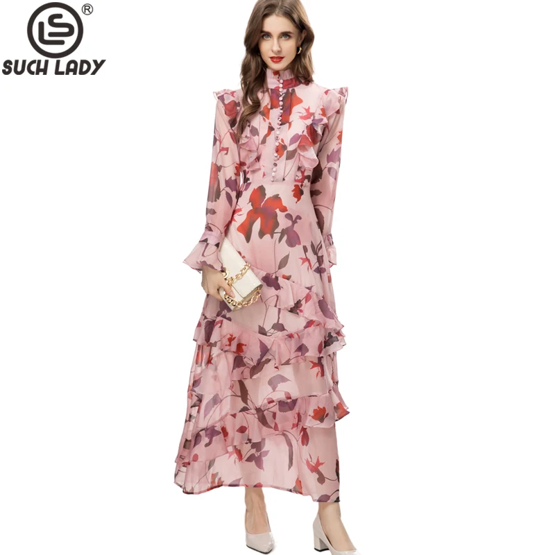 

Women's Runway Dresses Stand Collar Ruffled Long Sleeves Printed Casual Holiday Vestidos