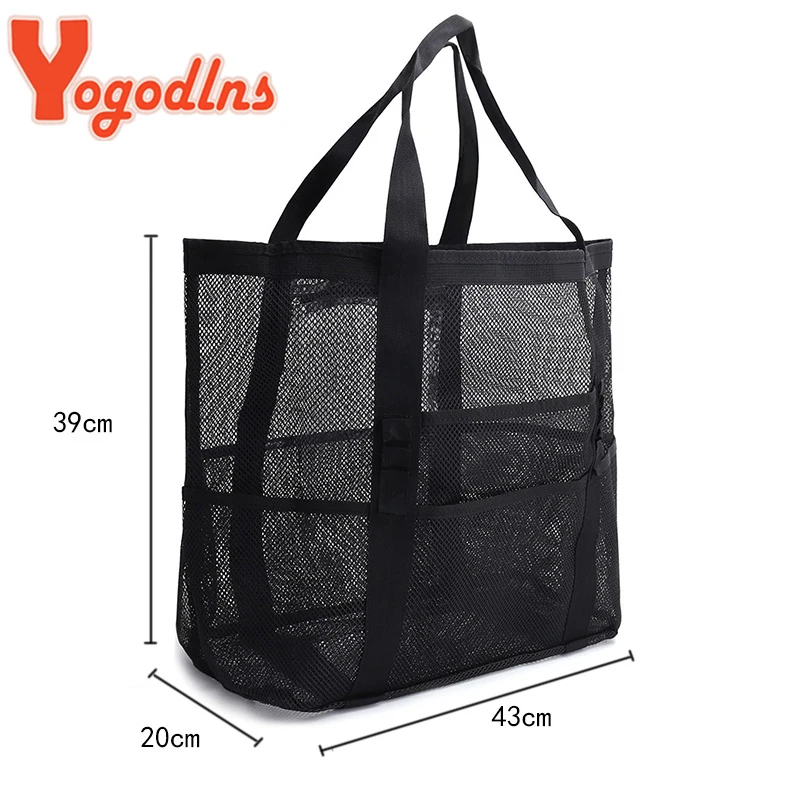 Summer Black Mesh Tote Bag For Women Woven Hollow Beach Bag Travel Portable Storage Handbag Shopper Tote Sport Gym Bags