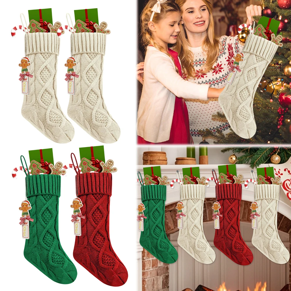 Cute Christmas Stockings Large Capacity Large Size Cable Knitted Socks Wear Resist Stocking Gift Bag for Home Xmas Tree Ornament