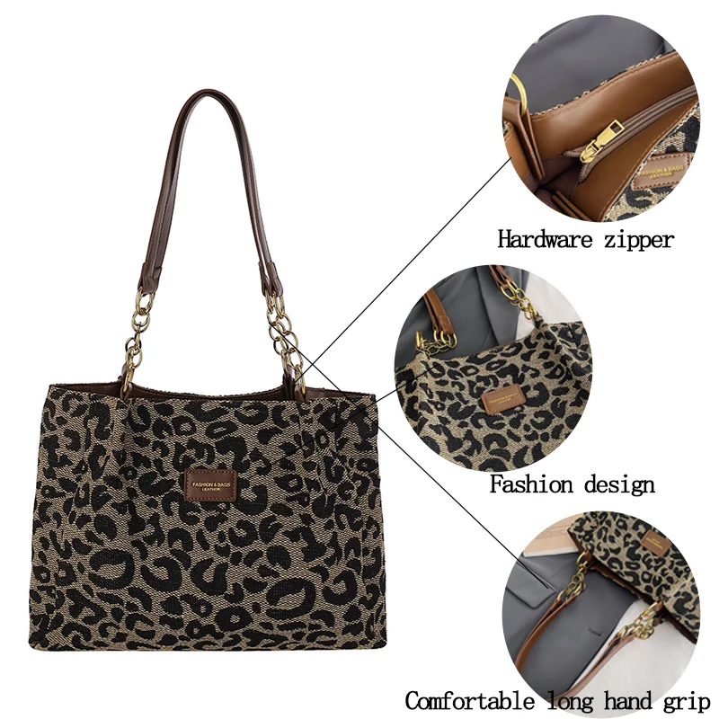 Vintage Women's Shoulder Bags Leopard Print Zipper Handbags Daily Commuting Casual Tote Bag