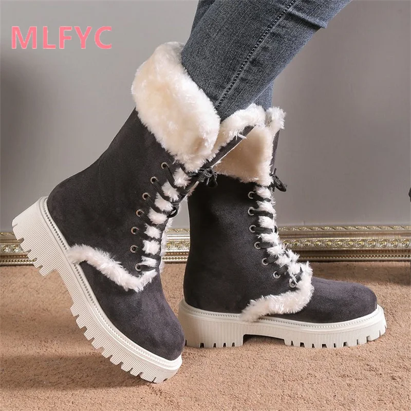 Women's Large New Thick Sole Mid Sleeve Lace Up Snow Boots Women's Vintage Plush Thickened Cotton Shoes