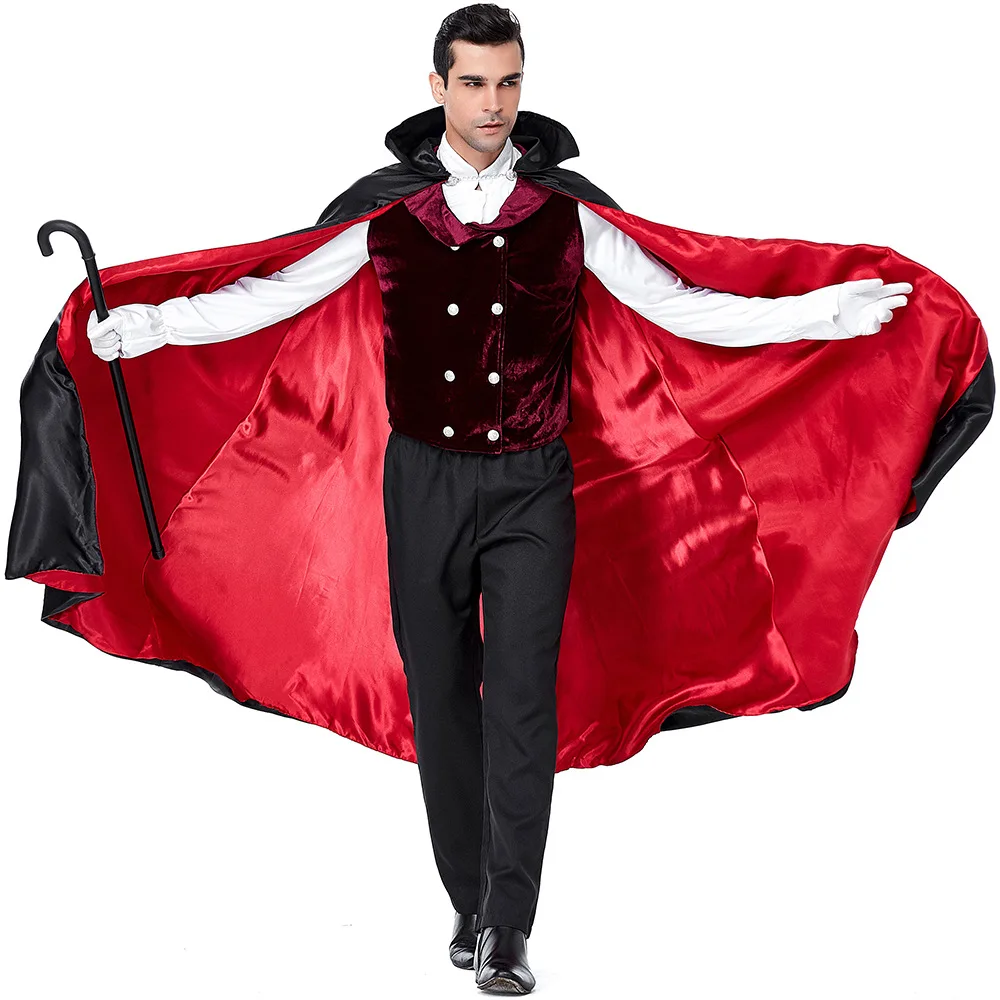 

Men Vampire Outfit Castle Dracula Count Clothing Red Vest Cape Set Boys Anime Game Outfits Halloween Costume Cloak Pants Set