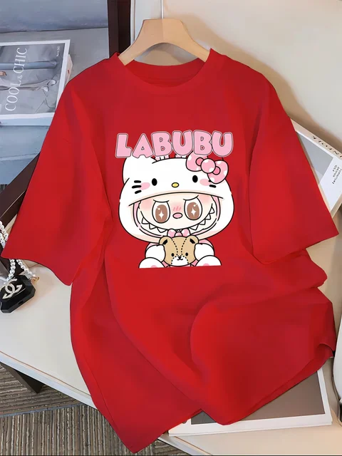 Labubu Cartoon Print T-Shirt – 100% Polyester Casual Crew Neck Short Sleeve Tee for Adults, Spring/Summer/Fall 2