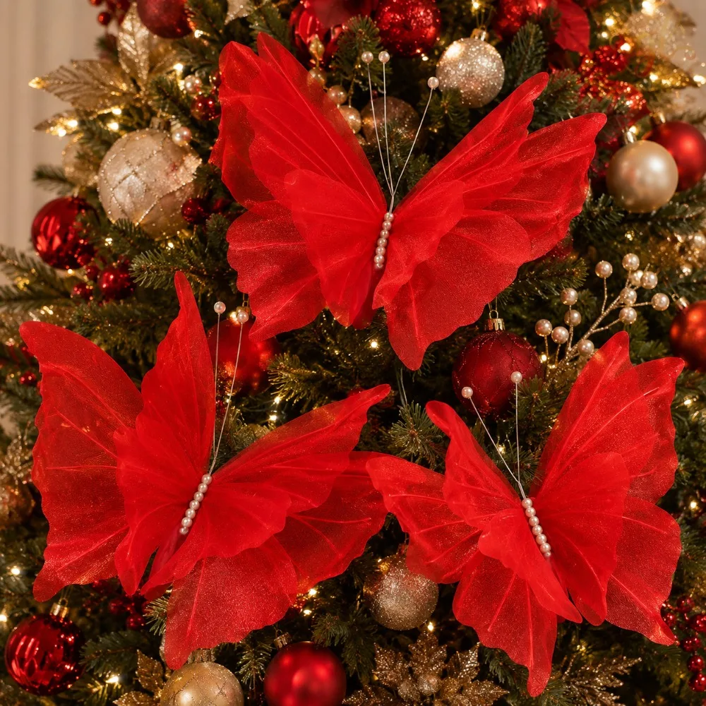 Set of 3 Large 3D Red Butterfly Christmas Decorations - Laser-Sprayed Silk Finish