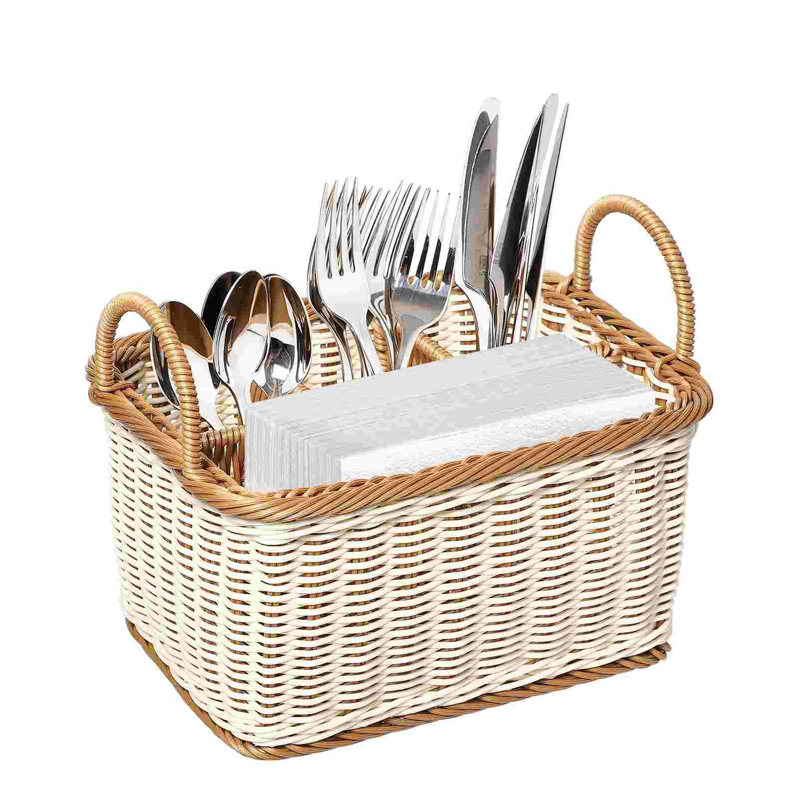 

Silverware Caddy Storage Basket Rattan Desktop Organiser Box Shelves Desks Decorative Sundries Stationery Utensil