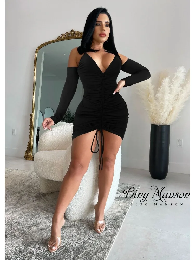 

Autumn and Winter Women's New Fashion Solid Color Sexy Street Long Sleeve Off Shoulder V-Neck Lacing and Drawstring Splice Dress