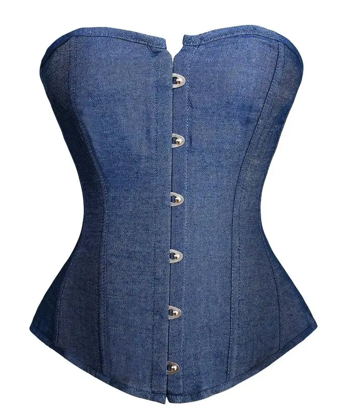 Sexy Denim Buckle Overbust Corset Women Gothic Strapless Retro Corsets Waist Cincher Bustier Sexy Lingerie Corselet Blue 6XL