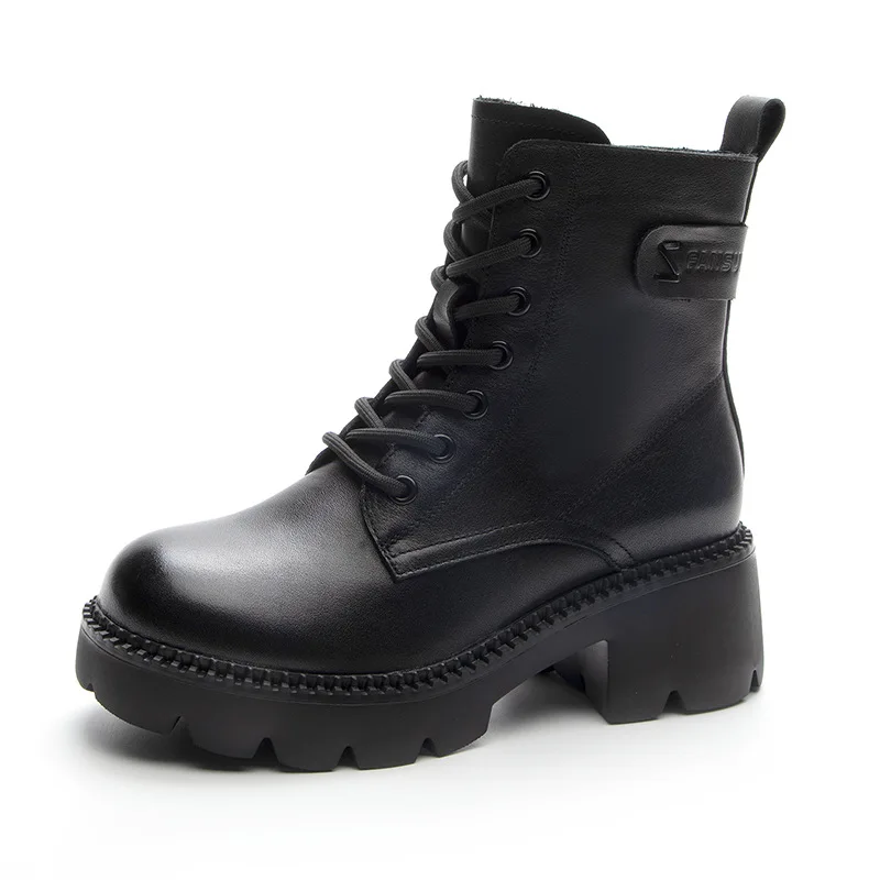 Fashion New Genuine Leather Shoes Women Boots Black Round Toe Flat With Handmade Sexy Concise Leisure Sewing Platform Boots Larg