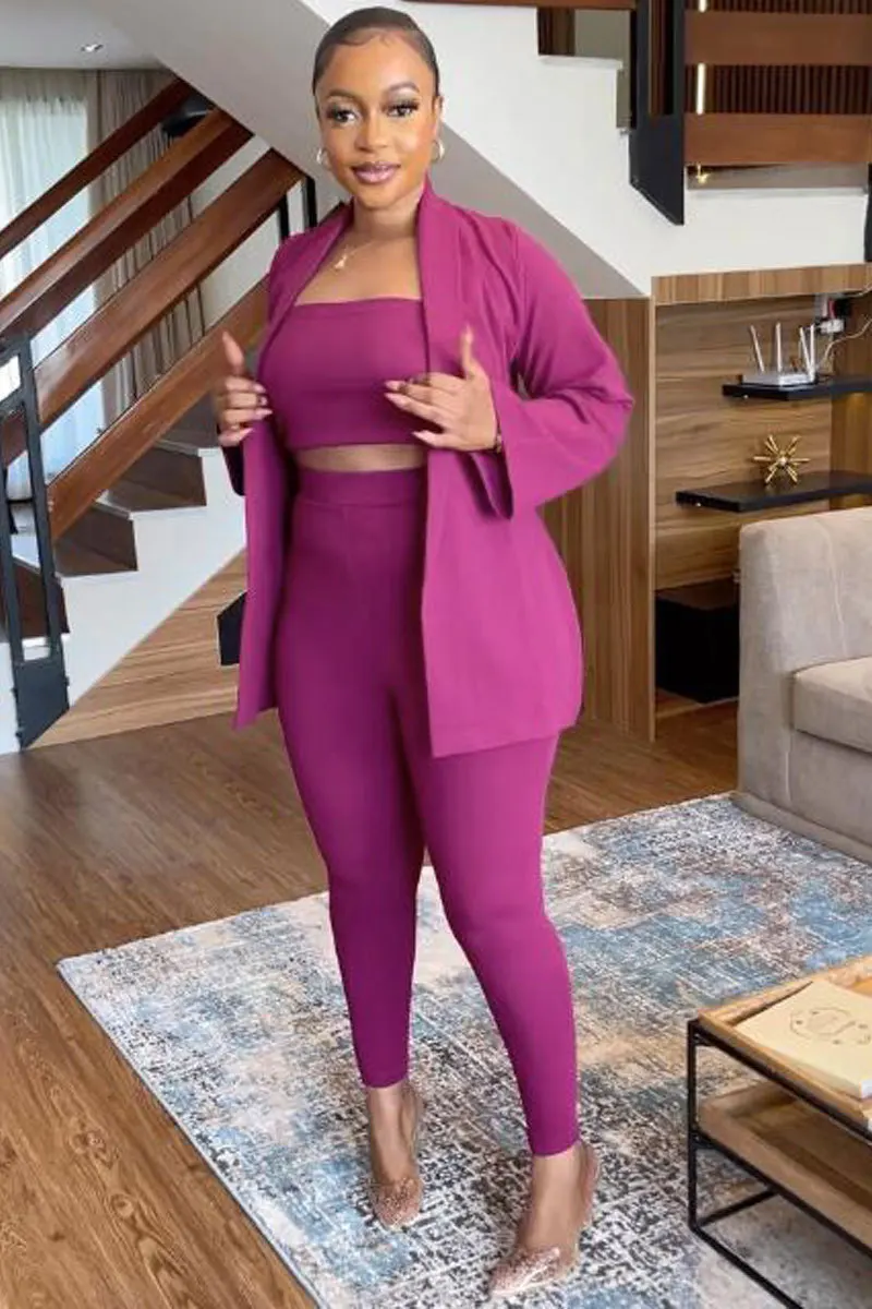 

Autumn Elegant Formal 3 Piece Outfits Solid Color Crop Tube Top+Loose Fit Coat+empire Waistline Bodycon Long Pants Stretchy Sets