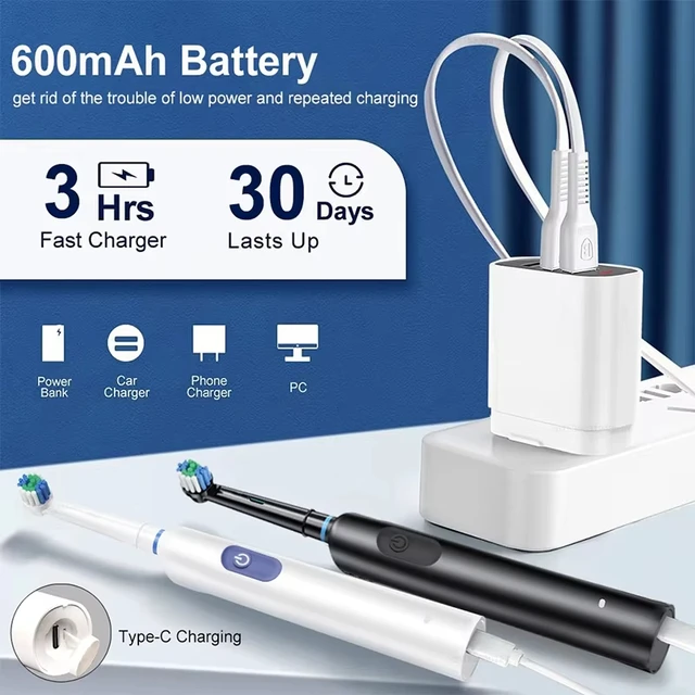 Smart Rotating Timing Electric Toothbrush, Rechargeable Rotary Toothbrush with 4 Heads, 5 Modes Setting Teeth Whitening Oral 4