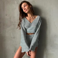 Hiloc Casual Knit Stripe Shorts Pajamas Sets Long Sleeve Home Wear Lace Up Top And Elastic Waist Shorts Sleepwear Knitted Outfit - Image 4