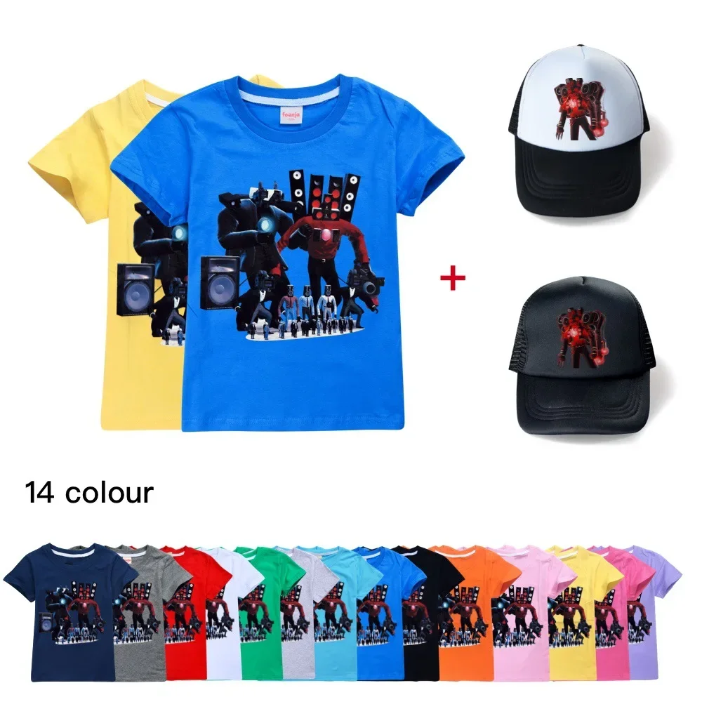 

Game Skibidi Toilet TShirt Kids Short Sleeve T-shirt & Sunhats 2pcs Suit Boys Cartoon Cameraman TV Man Toddler Girls Casual Tops