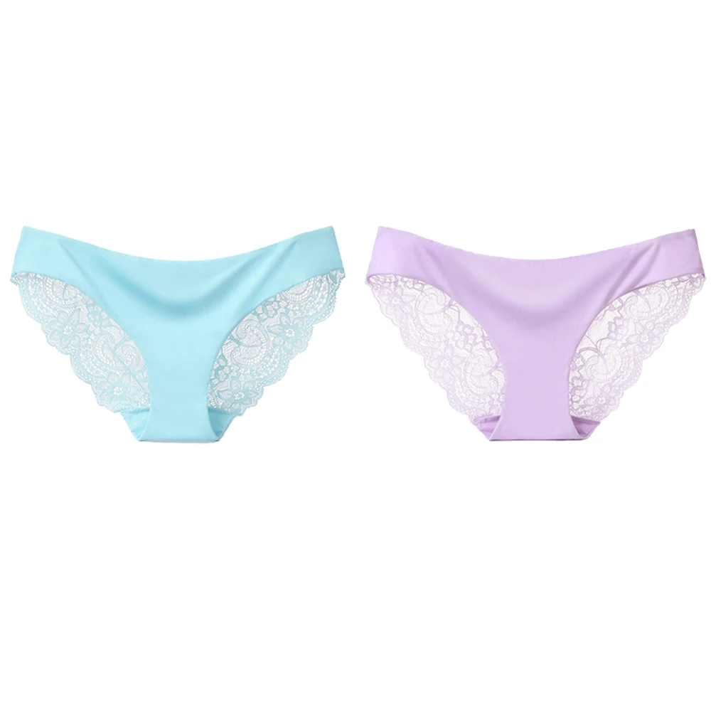 Sexy Lace Briefs For Women Mid Waist Stretchy Breathable Sleamless Ice Silk Intimates Panties Lingerie Female Underwear 2 Piece