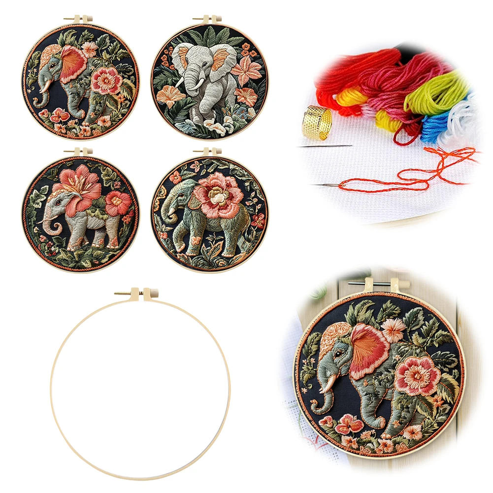 Elephant Stamped Cross Stitch Embroidery Kits with Hoop Cloth Color Thread