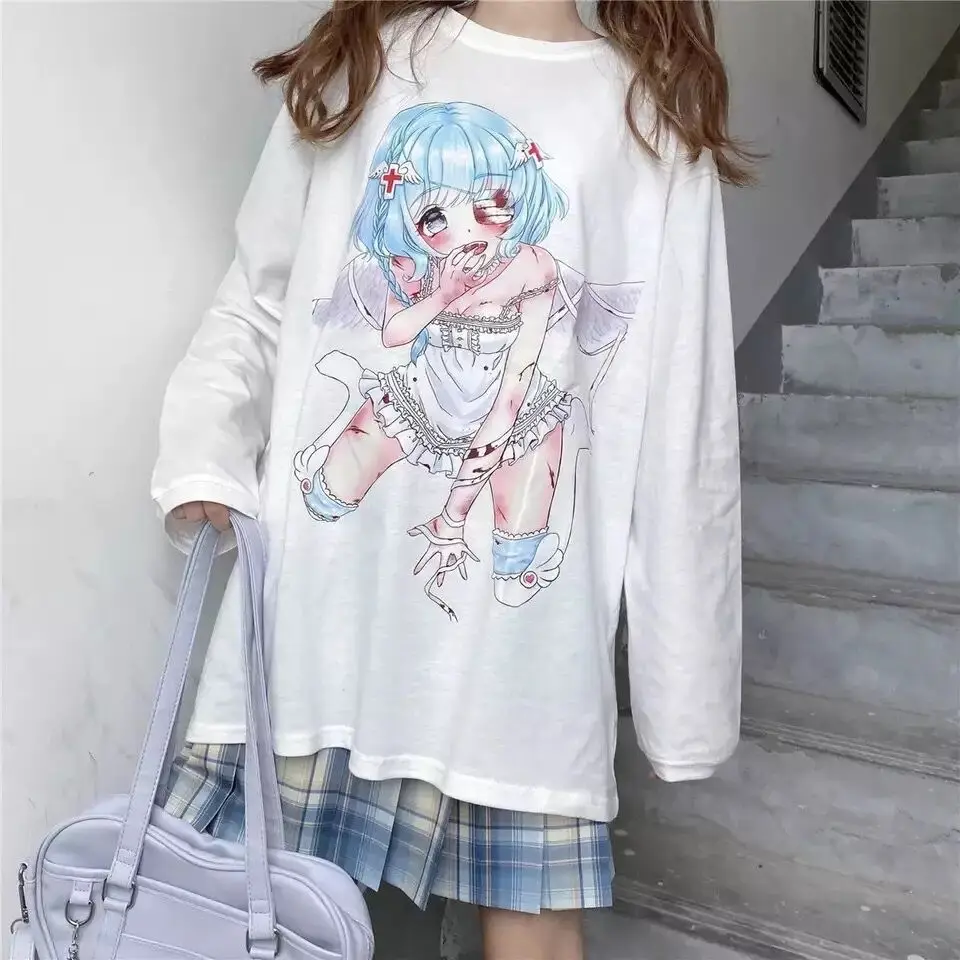 Womwn T-shirt Long Sleeve Female Soft Girl Japanese Cute Anime Girl Print Autumn New Loose T-shirt Student Top Streetwear