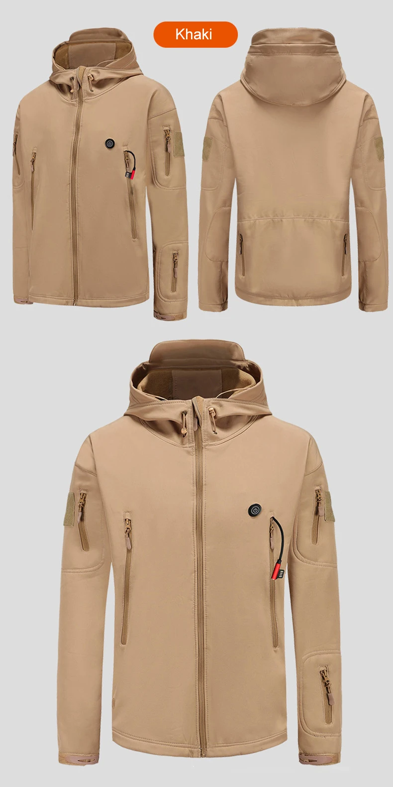 A stylish and lightweight tan hooded jacket with a zipper and hood.