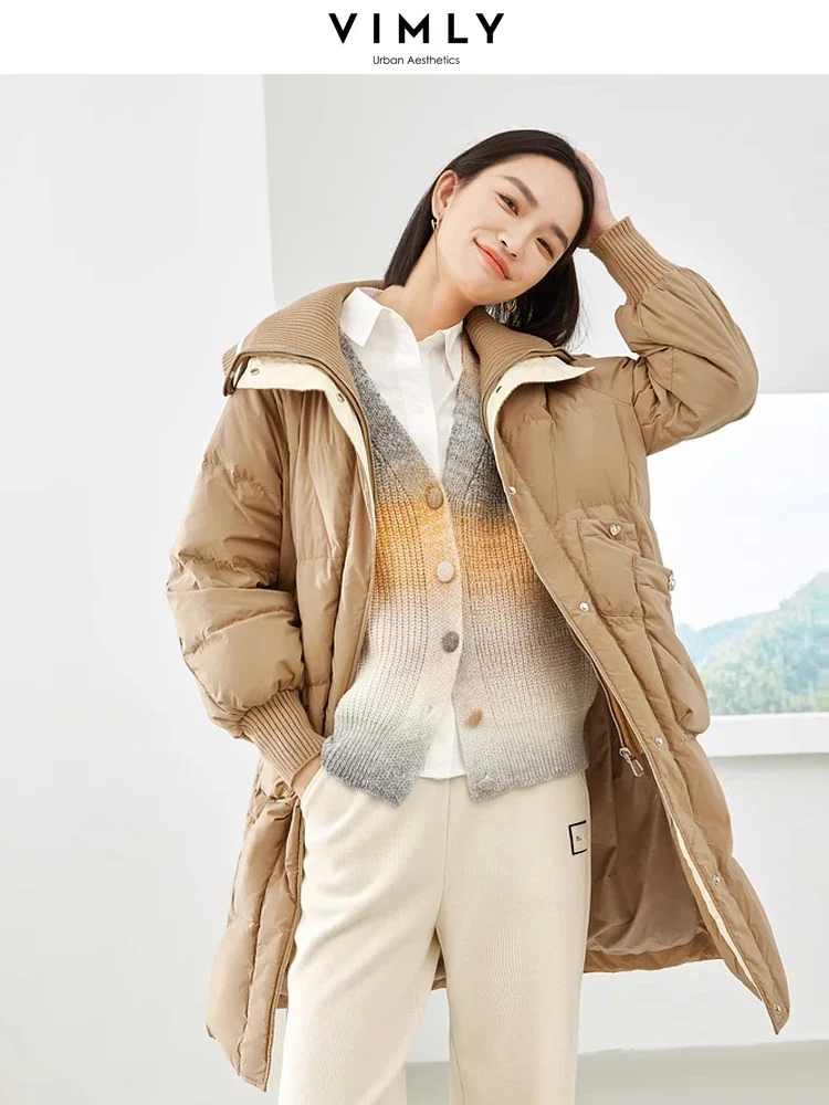 Vimly Contrast Fake 2 Piece Duck Down Coat 2023 Winter Lapel Single Breasted Long Sleeve Thick Warm Jacket Women Outerwear 50626