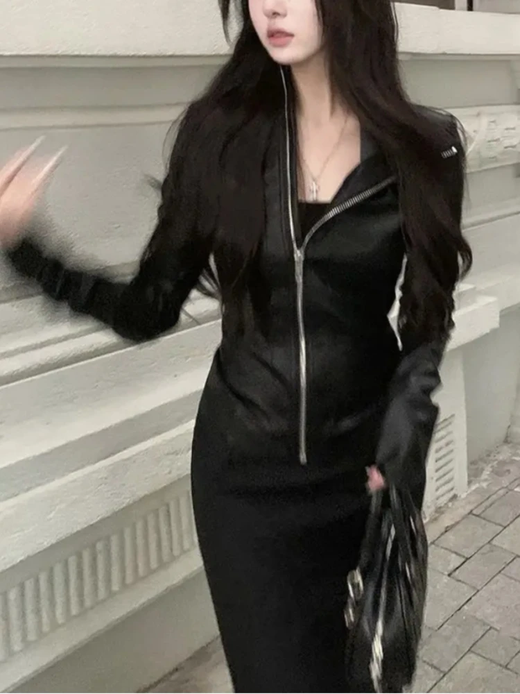 Veste en cuir noire Slim à manches longues pour femmes, manteau gothique foncé avec fermeture éclair, Hepburn Y2k, vêtements Vintage pour filles chaudes