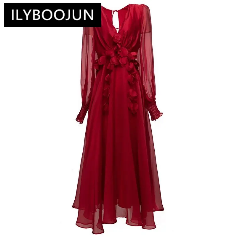 

Модное дизайнерское осеннее женское платье ILYBOOJUN с длинным рукавом и V-образным вырезом, облегающие элегантные длинные платья для отдыха