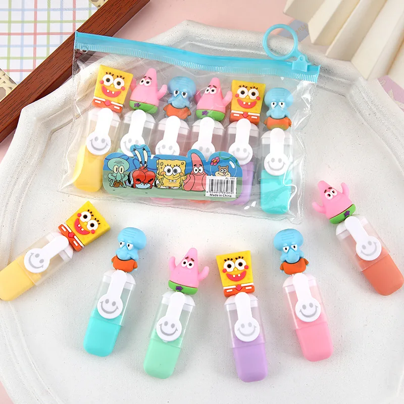 6pcs Spongebob Squarepants Bagged Mini Highlighter Cartoon 6color Diy Handbook Pen Student Marker Supplies Stationery