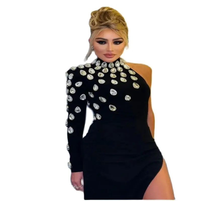 

Cross-Border New Hot Sale Foreign Trade Women's Clothing European and American Rhinestone Shoulder Long Sleeve Leg Exposed Banda