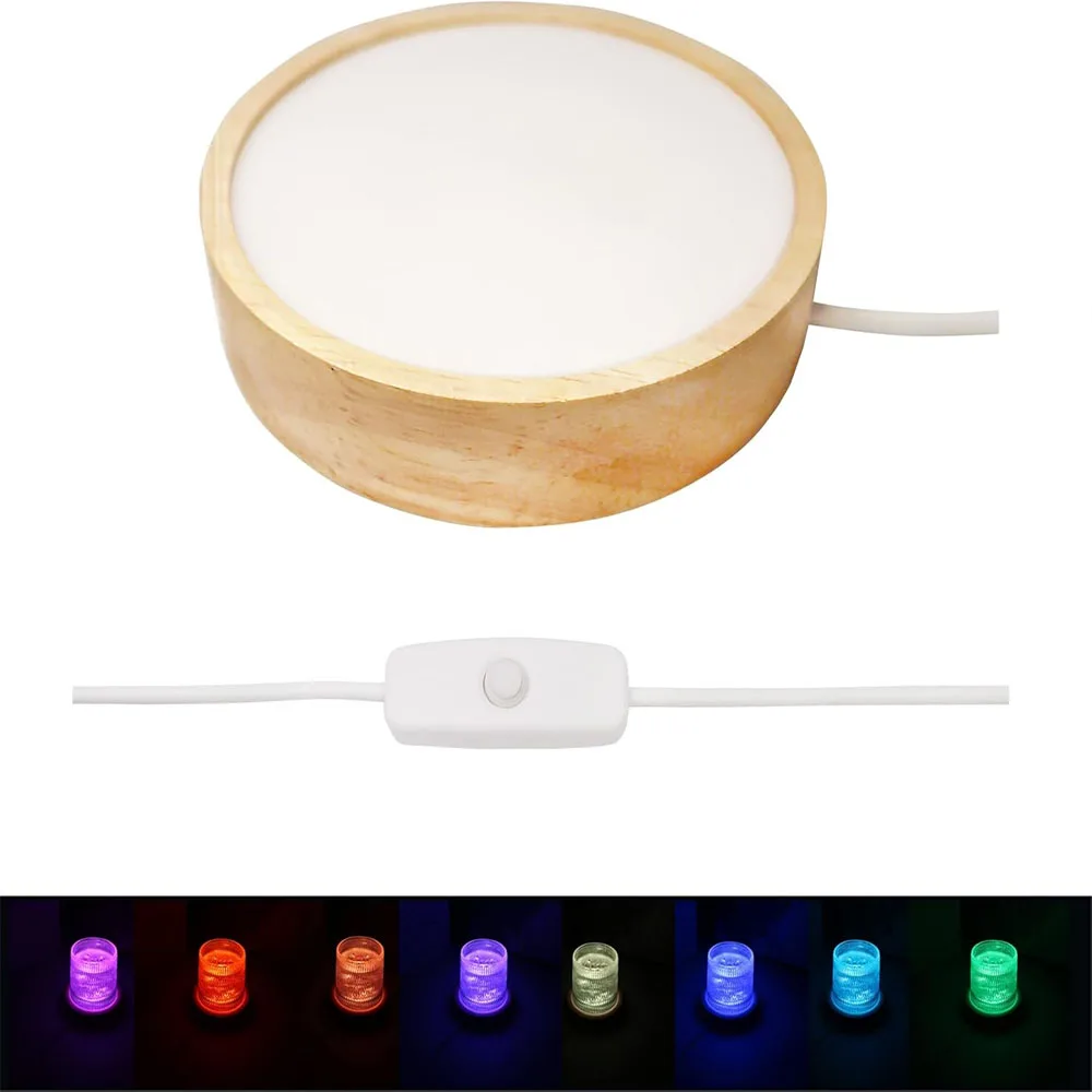 나무 원형 USB LED 무드등 받침대, 크리스탈 유리볼 레진 아트 장식 디스플레이 홀더, 침실용 램프