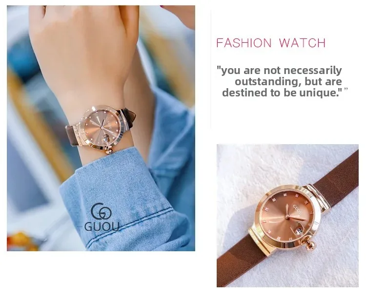 Orologio da polso al quarzo da donna alla moda GUOU con cinturino in vera pelle, diamanti, strass, calendario, lente d'ingrandimento, orologio da donna_voghion.com