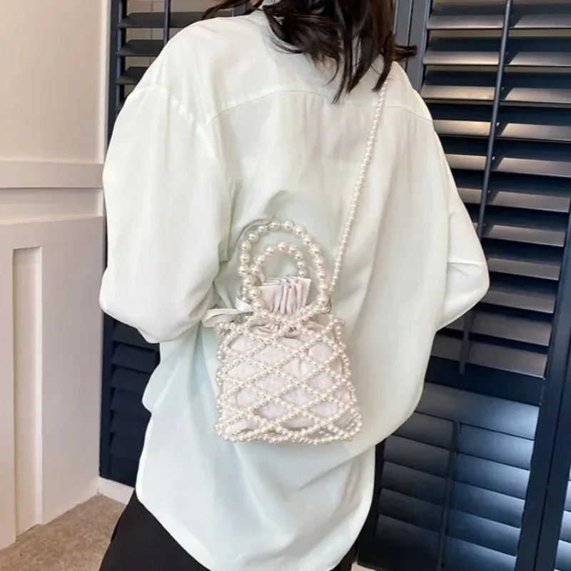 Vintage Fairy Bag Beaded Women Bucket Mini Bag Handheld Crossbody Bags for Ladies Chic Hollow Pearl Handbags