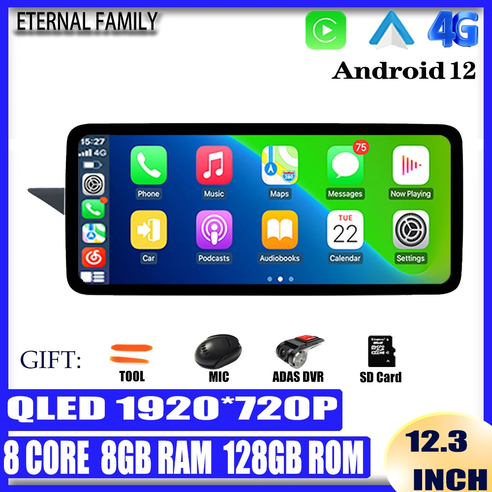

12.3Inch QLED screen Carplay Android12 For Mercedes Benz E Class W212 2009-2016 Car Radio Multimedia Navigation GPS Bluetooth 5