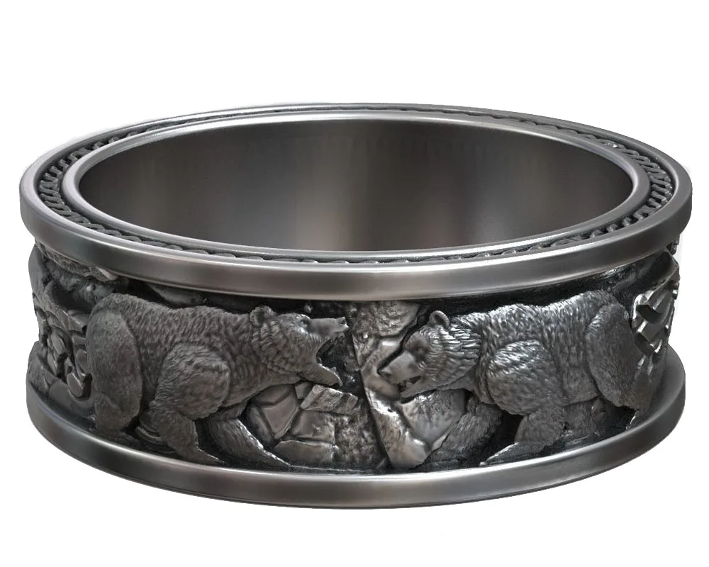 

13g Nordic Viking Polar Bear Wedding Band Art Relief Ring 925 Solid Sterling Silver Ring