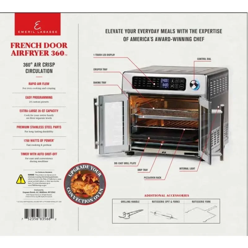 Emeril Lagasse 26 QT Extra Large Air Fryer, Convection Toaster Oven with French Doors, Stainless Steel 2