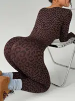 Spicy girl style leopard print tight jumpsuit for slimming, hip hugging, U-shaped collar, long sleeved elastic jumpsuit - Image 3