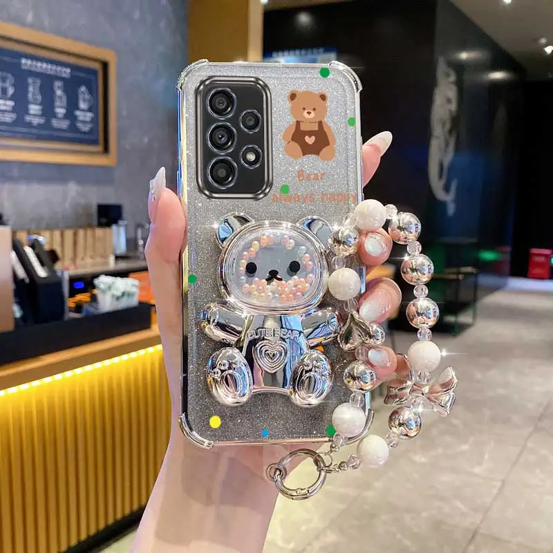 Glittery Pearl Strap Bear Phone Holder Case with Lanyard and Stand Feature