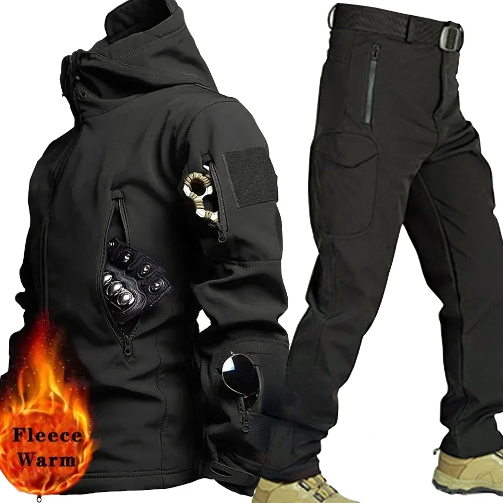 Winter Workout Tactical Suit Men Workwear Pants Sets Outdoor Military Sharkskin Fleece Jacket Camo Waterproof Pockets Combat
