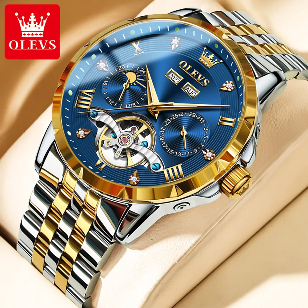 OLEVS Brand Luxury Tourbillon Watch for Men Stainless Steel Waterproof Calendar Fashion Moon Phases Blue Mechanical Watches Mens