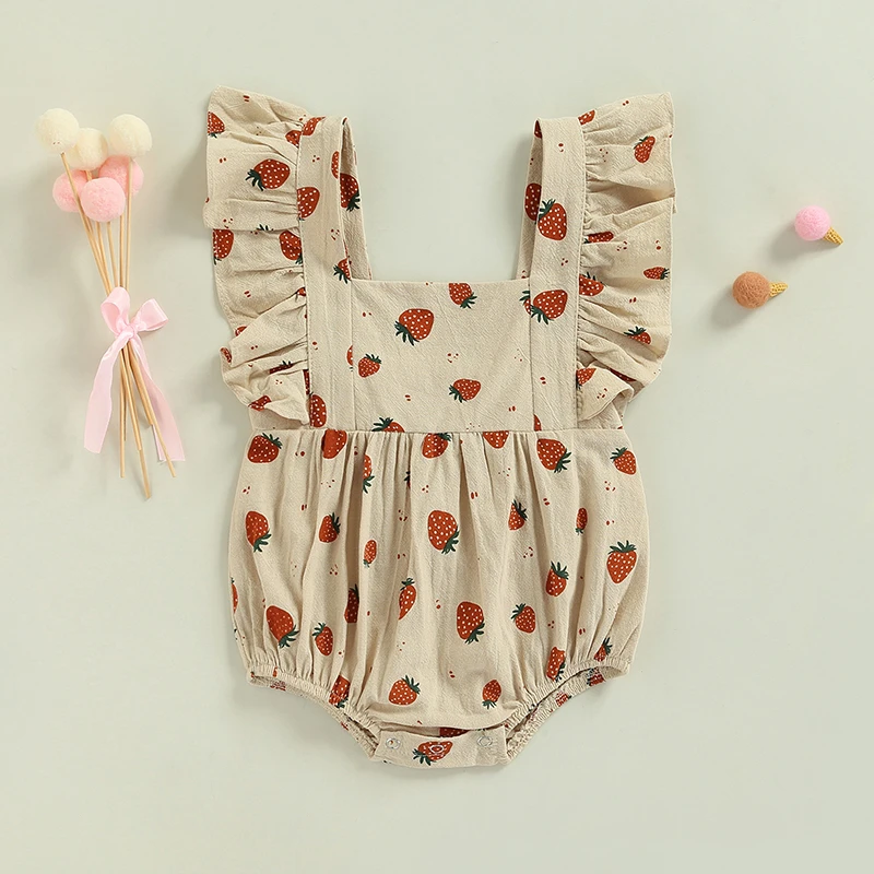 Summer Newborn Baby Girls Rompers Toddler Infant Girls Strawberry Print Ruffles Sleeve Backless Jumpsuits Casual Clothes Cute Infant Baby Girls Romper