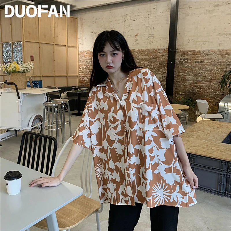

DUOFAN Blouses Women Chic Print Harajuku Retro Lapel Half-sleeve Shirts Femme Simple Popular Clothing Teens Top Streetwear